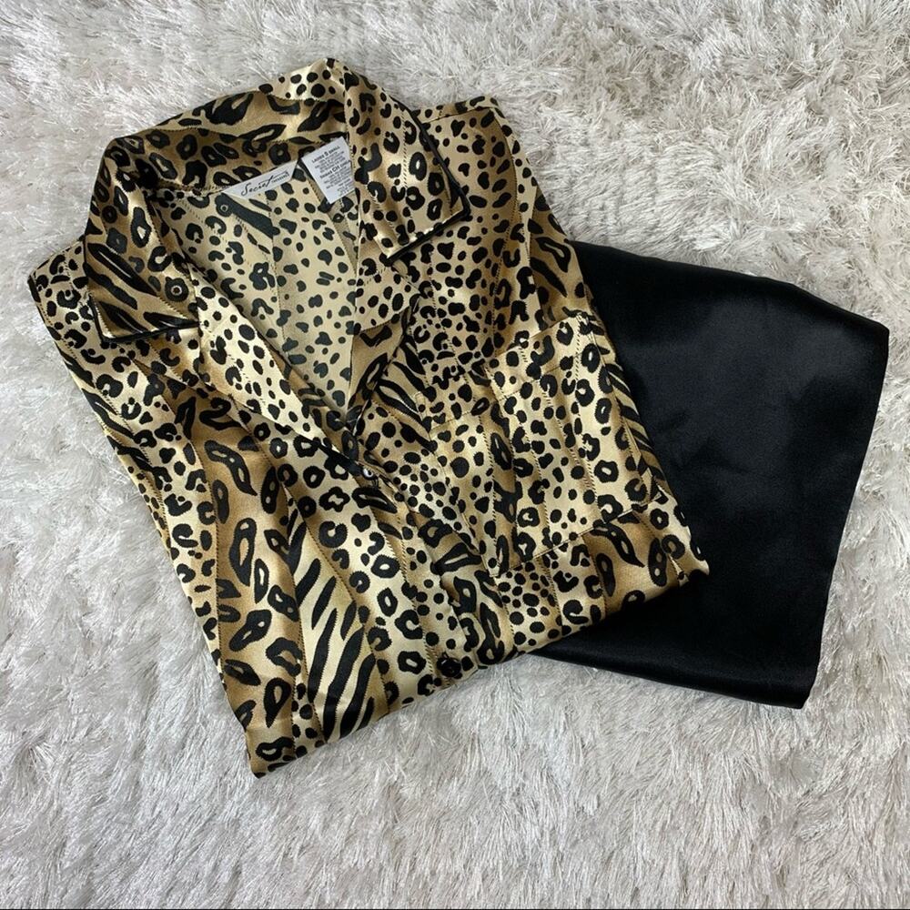 Secret Treasures Satin Animal Print Pajama Set in Gold and Black